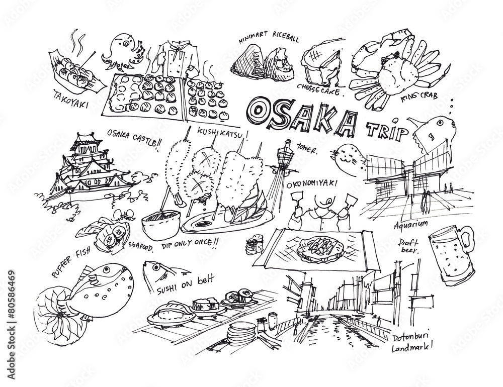 Osaka Japan drawing illustration of landmark and items