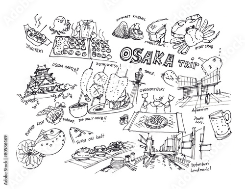 Osaka Japan drawing illustration of landmark and items