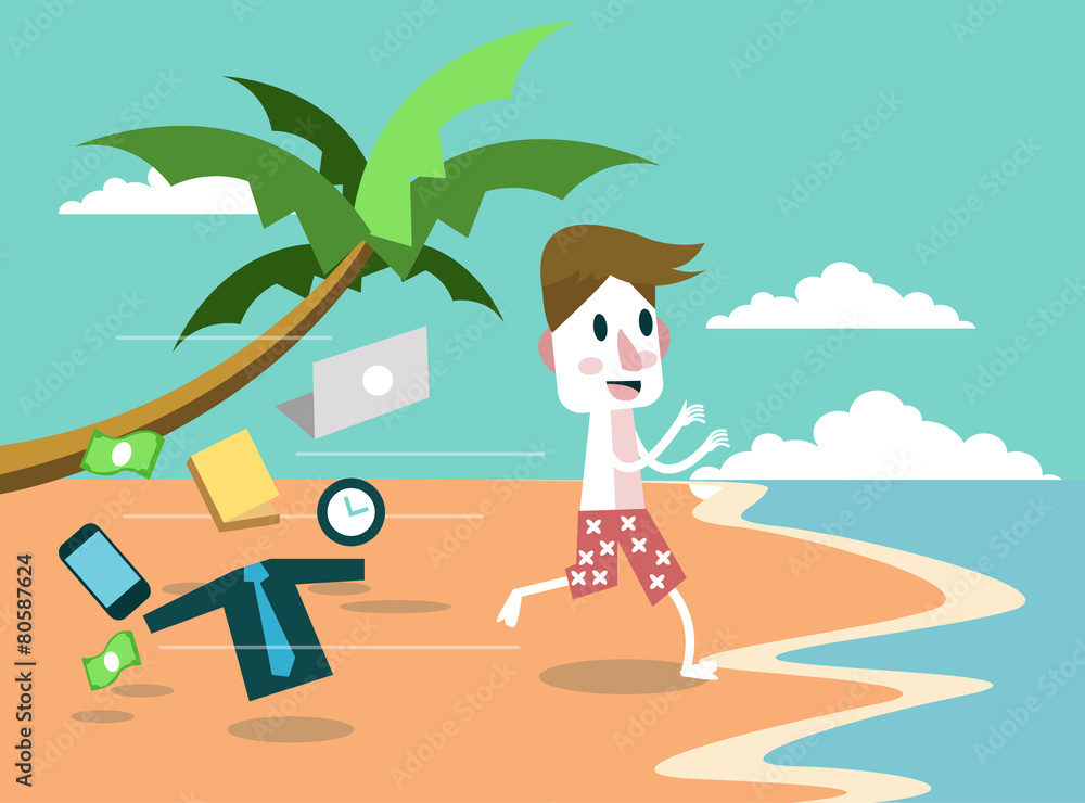 Businessman leave everything and jumping to the beach. vector Businessman leave everything and jumping to the beach. vector
