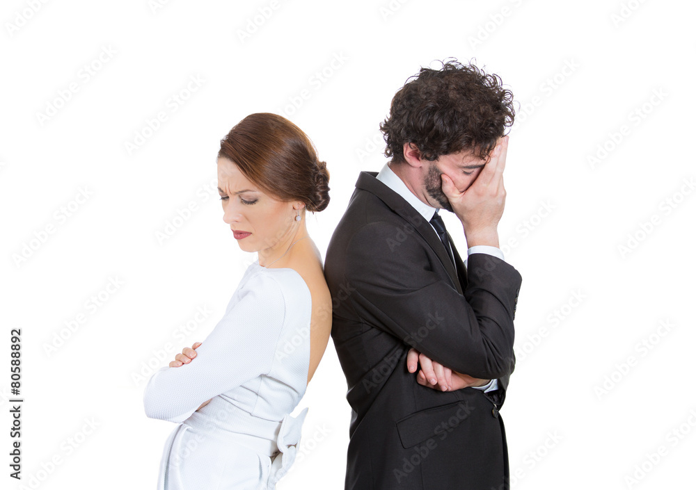 couple woman man back to back sad disappointed with each other couple woman man back to back sad disappointed with each other