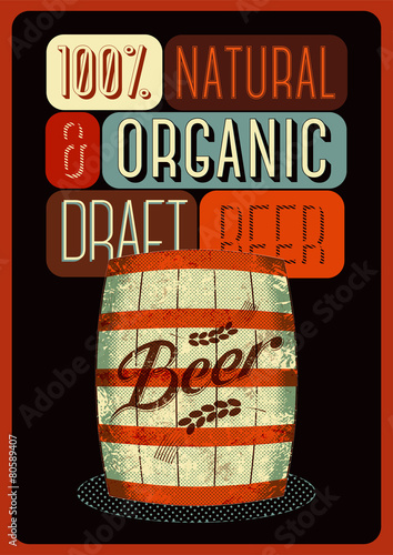 Beer poster with a wooden barrel of beer with label.