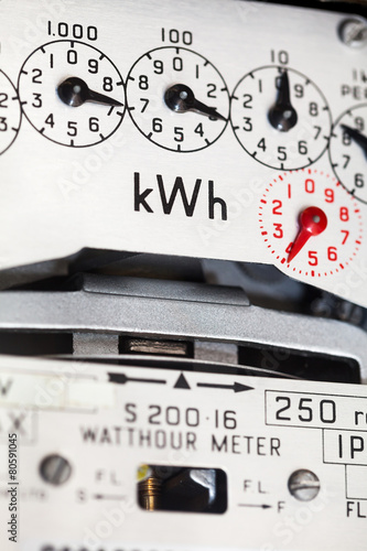 Electric meter close-up and kWh symbol. Cost of living,  energy bills and inflation. photo