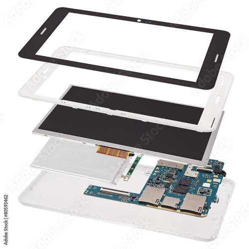 Disassembled tablet computer isolated on white background