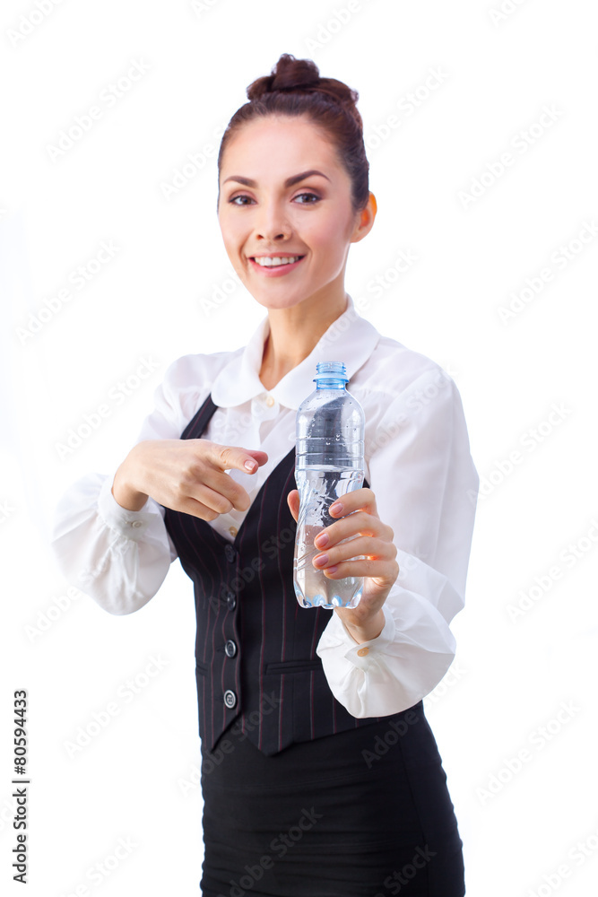 Confident businesswoman having drink from water bottle. All Confident businesswoman having drink from water bottle. All