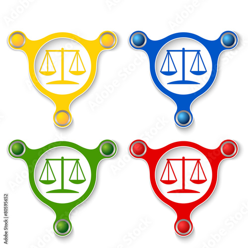 four abstract vector objects and a colored law symbol