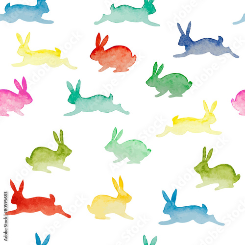 Seamless background with watercolor colorful rabbits
