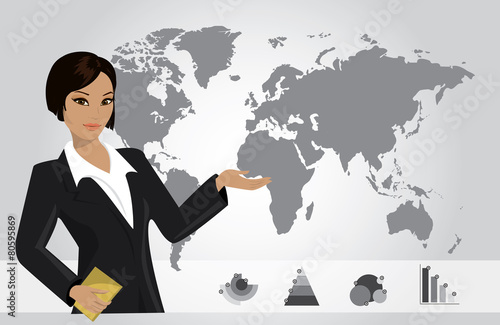 Business woman on background of a map and business charts, vecto