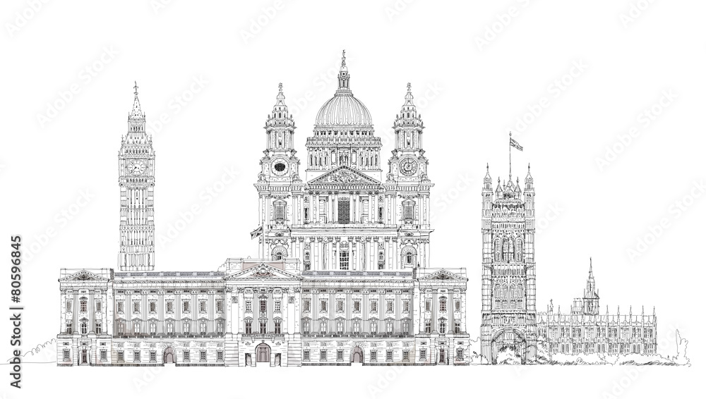 London, sketch illustration. Big Ben, Parliament, st. Paul cathe