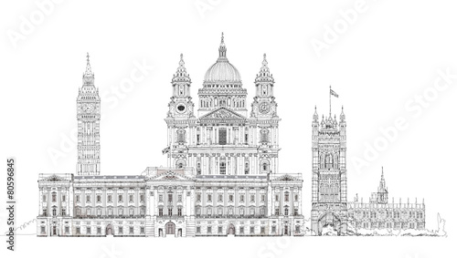London  sketch illustration. Big Ben  Parliament  st. Paul cathe