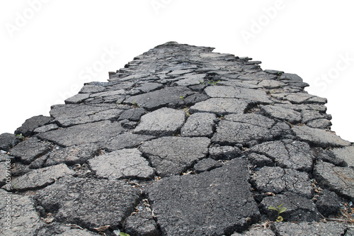 asphalt road with cracks, isolated on white background.