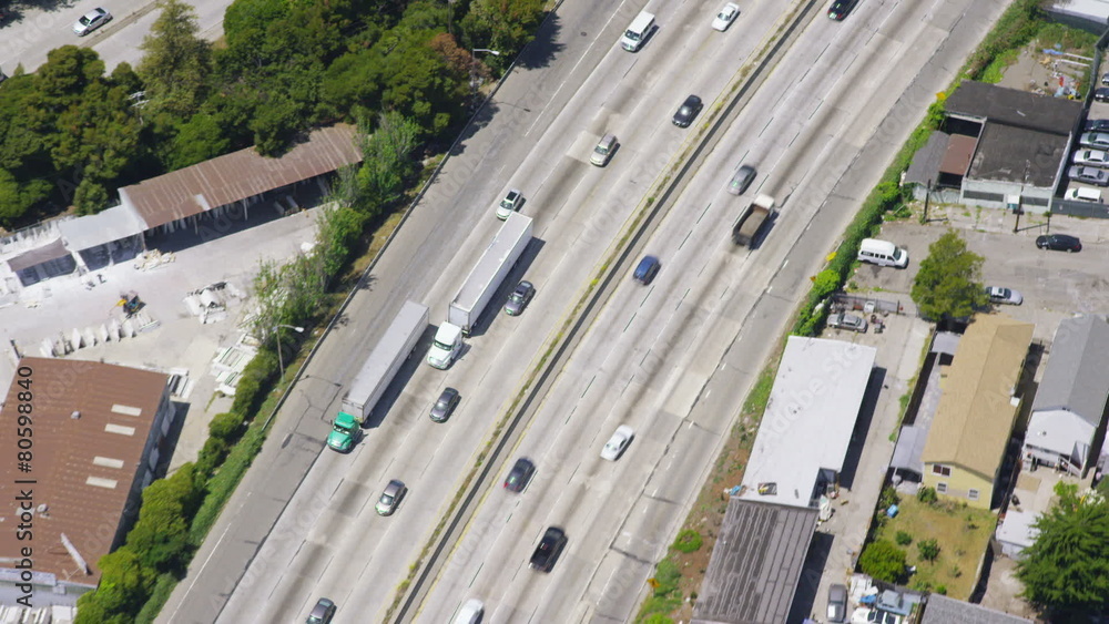 Aerial view of trucks on a highway Aerial view of trucks on a highway