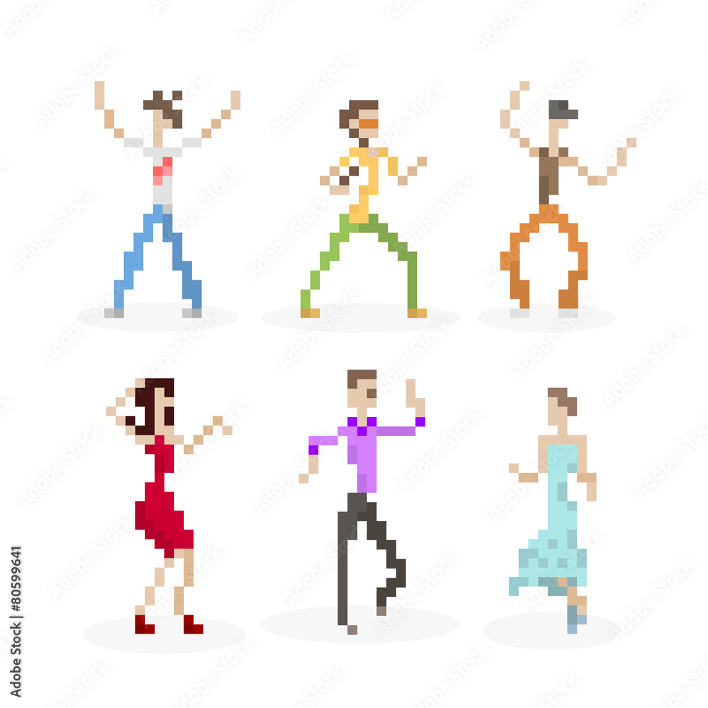 Pixel Art Party Dancing People Set Pixel Art Party Dancing People Set