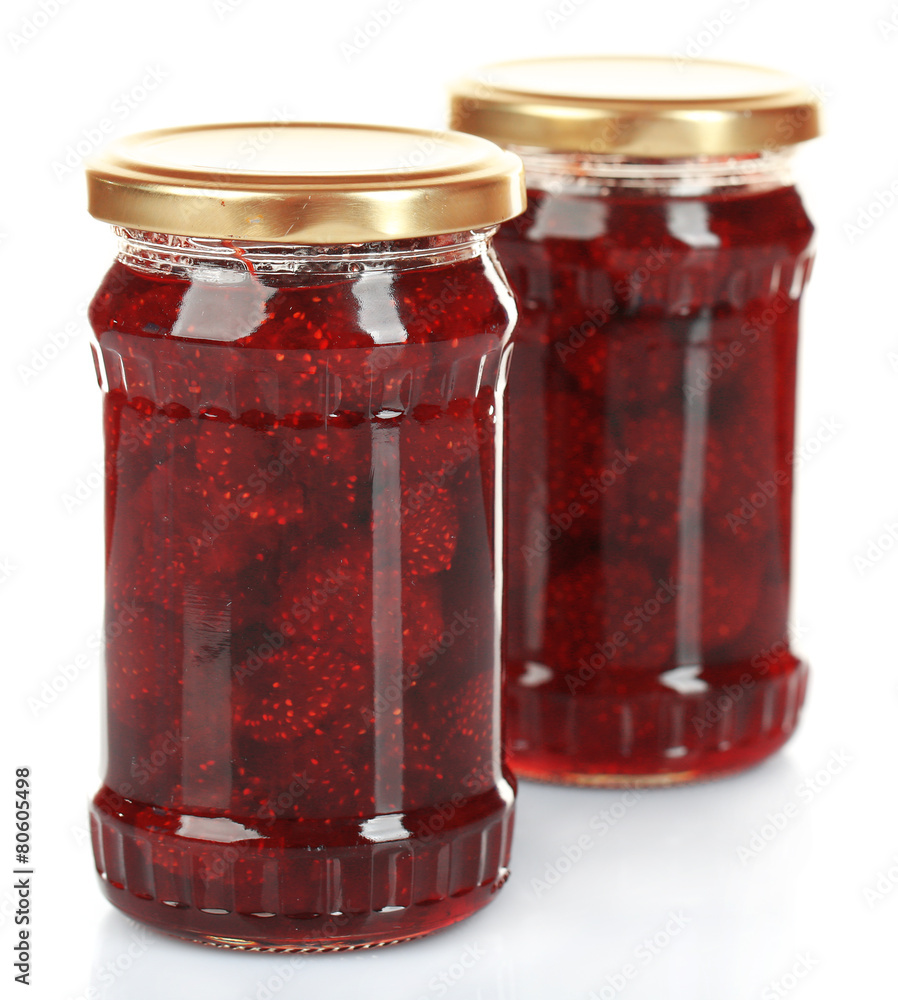Jars of strawberry jam isolated on white Jars of strawberry jam isolated on white