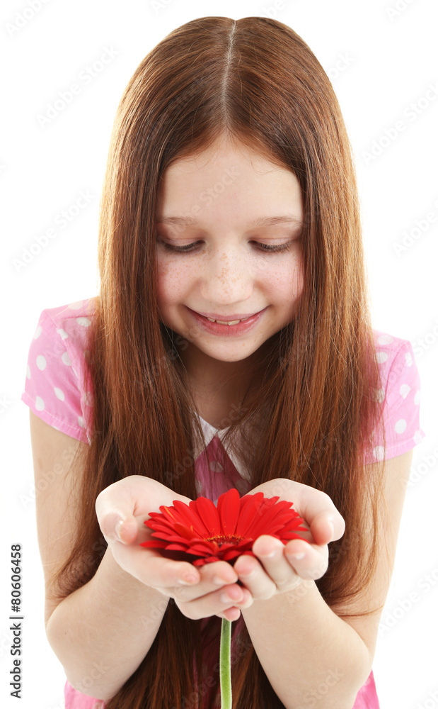 Beautiful little girl with flower, isolated on white Beautiful little girl with flower, isolated on white