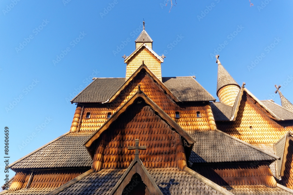 Norwegian church sloping roofs of blocks