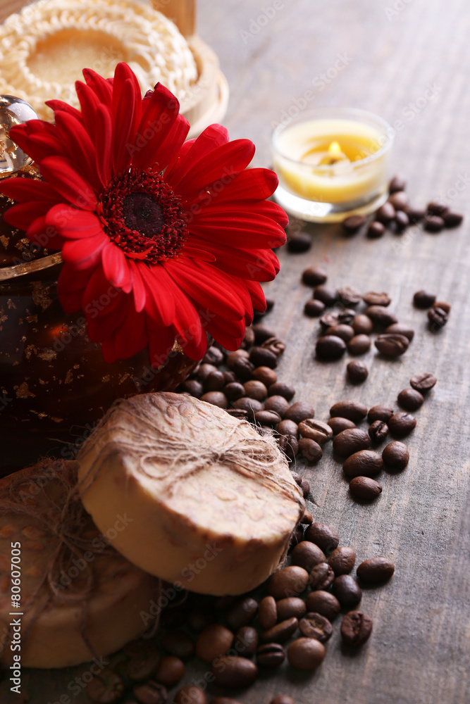 Composition of spa treatment, flowers and coffee beans Composition of spa treatment, flowers and coffee beans