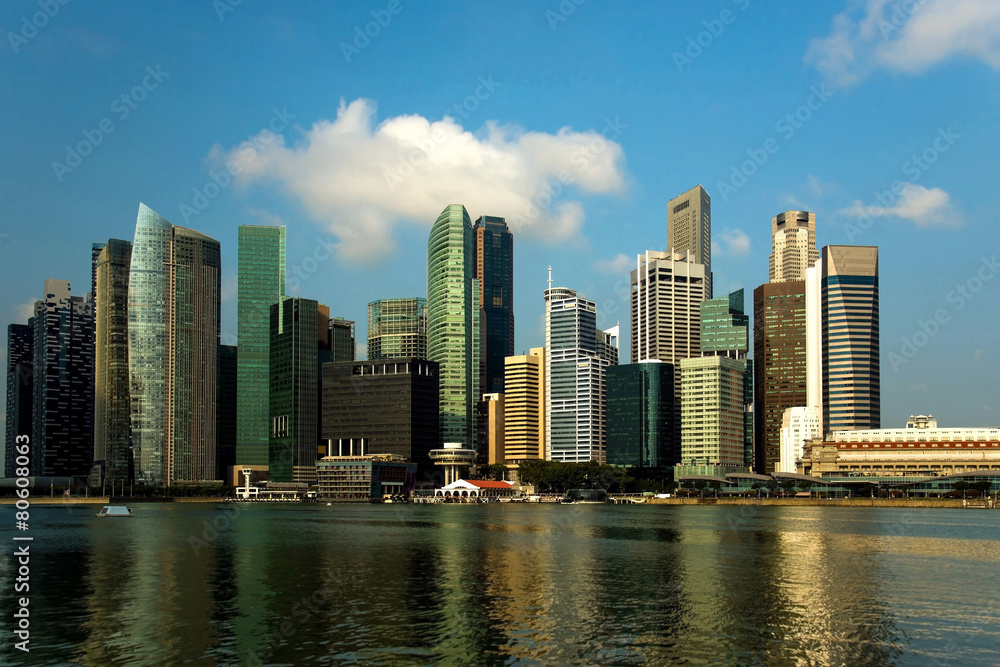 Singapore City Skyline and reflection at Marina Bay