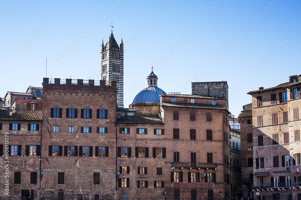 View of Siena with glimpse of Siena cathedral tower