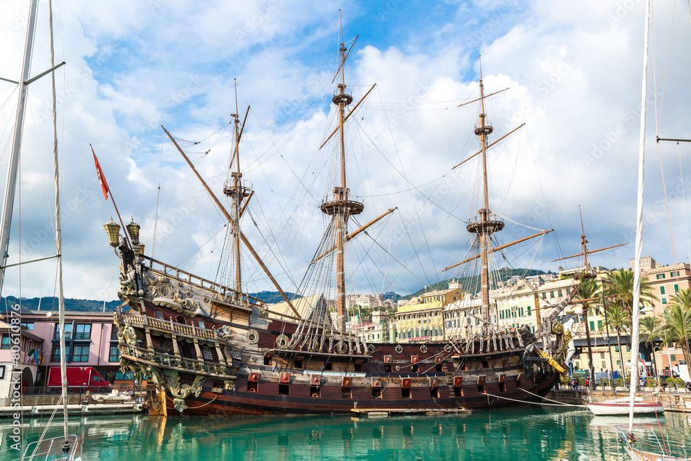 Old wooden ship in Genoa, Italy