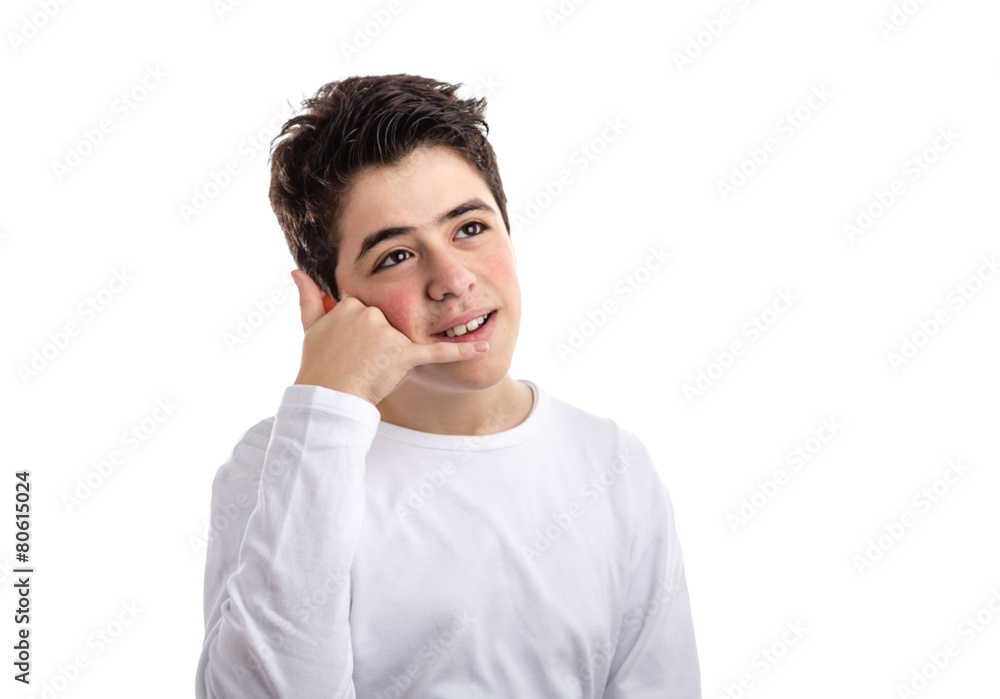 Caucasian Boy making a phone call gesture with right hand Caucasian Boy making a phone call gesture with right hand
