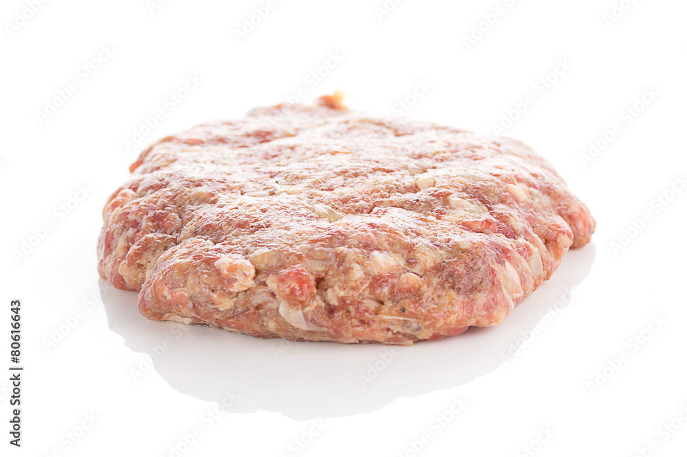 Fresh raw burger cutlets isolated on white background