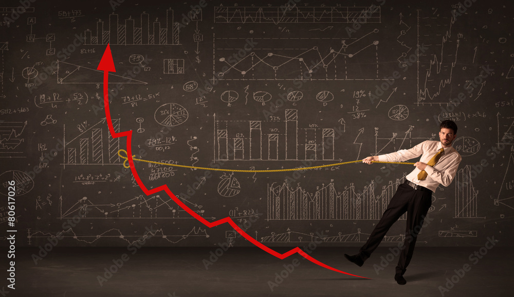 Businessman pulling a red arrow upright with a rope Businessman pulling a red arrow upright with a rope