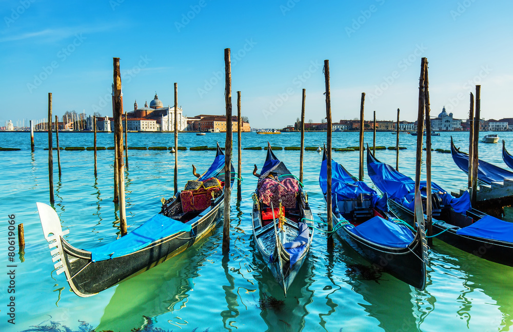 Venice with gondolas on Grand Canal against San Giorgio Maggiore