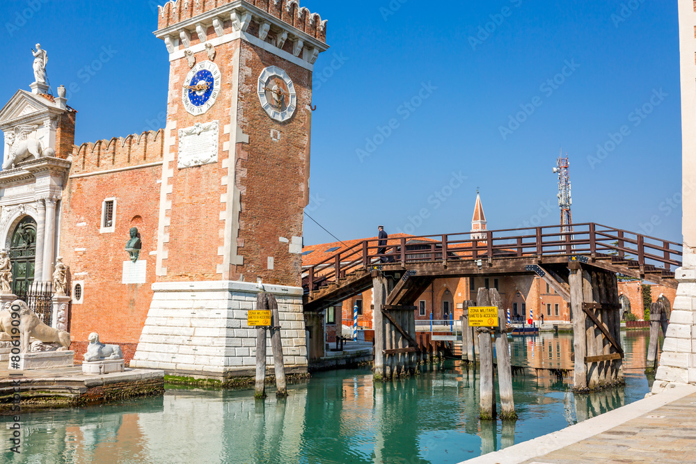 Tower at the entrace of the Arsenale of Venice, Italy