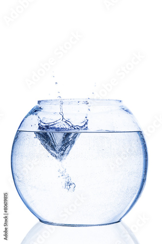 Empty fishbowl with water splash isolated on white background
