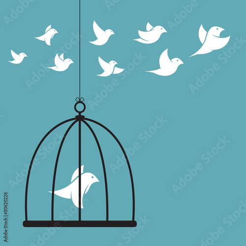 Vector image of a bird in the cage and outside the cage. Freedom