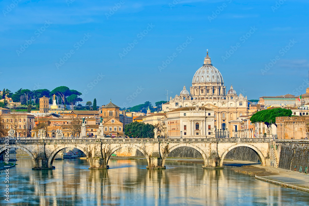 Bridge of Castel St. Angelo on the Tiber.Dome of St. Peter's bas