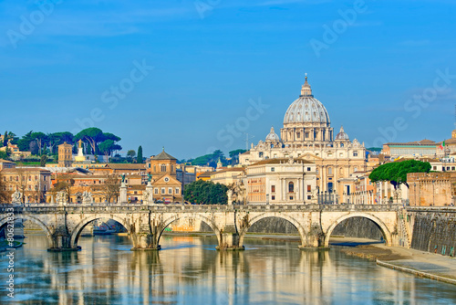 Bridge of Castel St. Angelo on the Tiber.Dome of St. Peter s bas