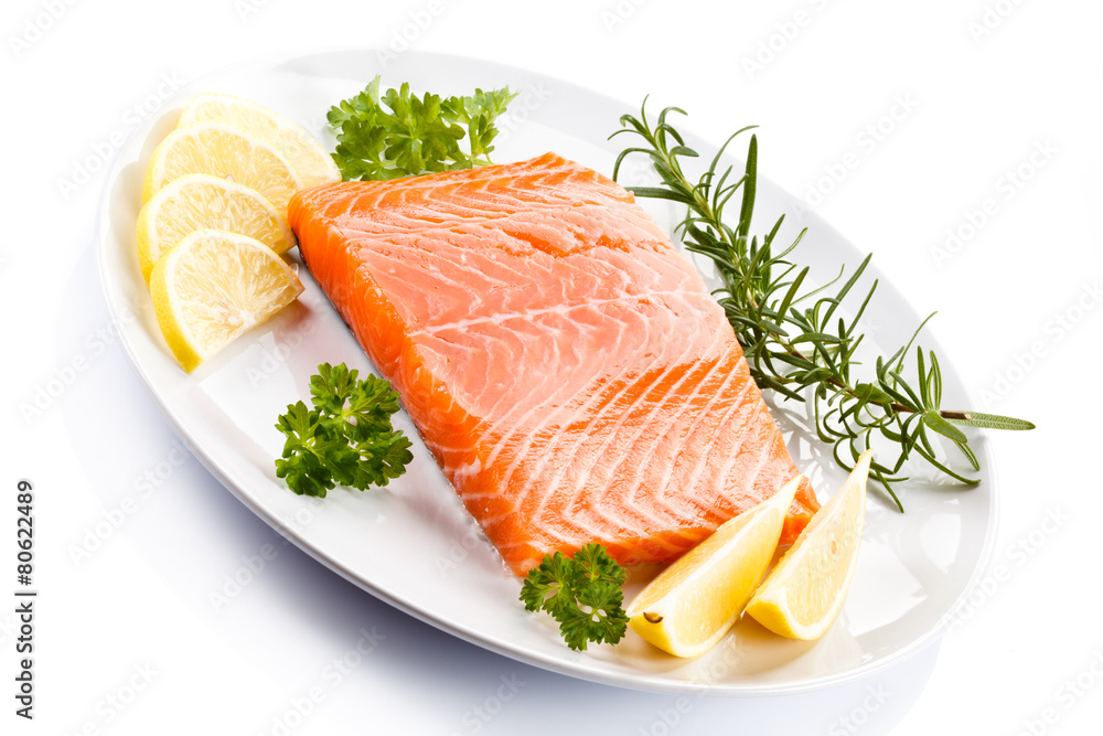 Fresh raw salmon steak on white background Fresh raw salmon steak on white background