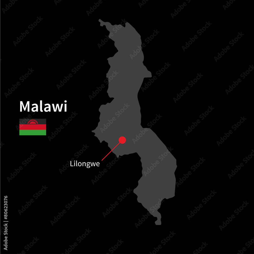Detailed map of Malawi and capital city Lilongwe with flag on