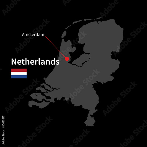 Detailed map of Netherlands and capital city Amsterdam with flag