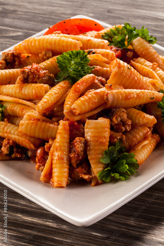 Pasta with meat, tomato sauce and vegetables Pasta with meat, tomato sauce and vegetables