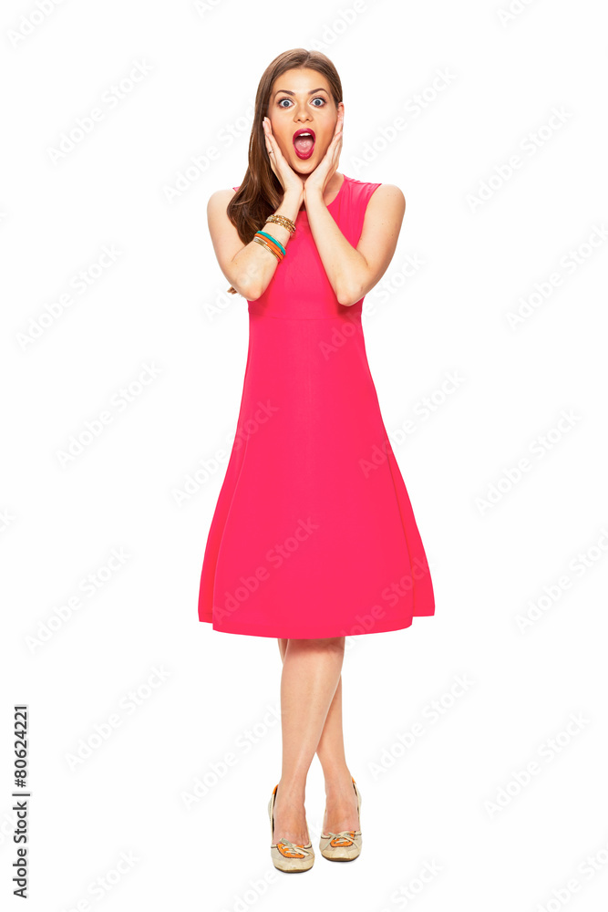 Full body portrait of surprising woman. Full body portrait of surprising woman.
