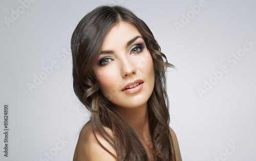 Woman beauty portrait, sensual open lips. Long hair style.