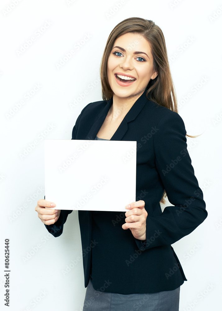 Happy emotional business woman show white sign card. Happy emotional business woman show white sign card.