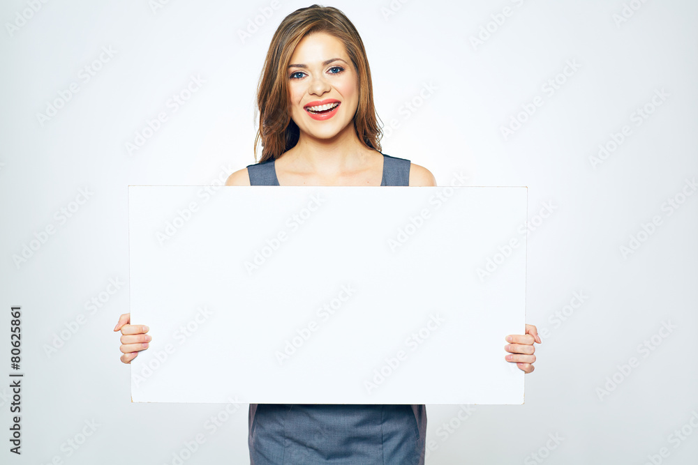 beautiful smiling business woman holding white blank sign board beautiful smiling business woman holding white blank sign board