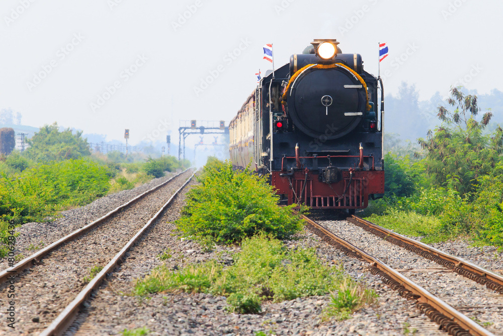 Naklejka premium thailand locomotive trains running on rialroad track use for vin