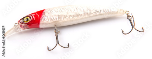 Double hook fish lure over white background