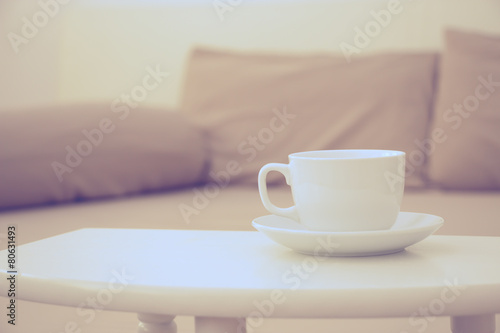 coffee cup in bed room vintage warm color tone