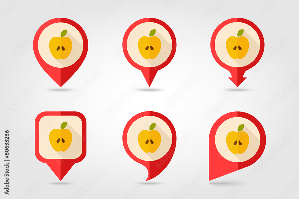 Apple flat mapping pin icon with long shadow Apple flat mapping pin icon with long shadow