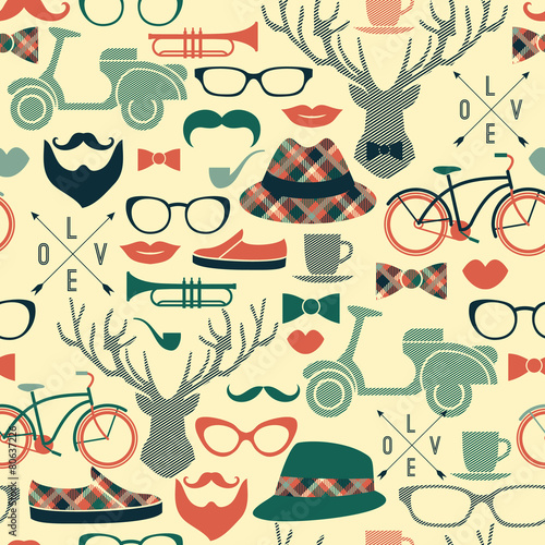 Hipster seamless pattern.Vector vintage illustration.