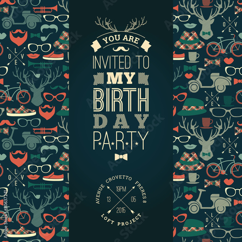Happy birthday invitation, vintage retro background with hipster