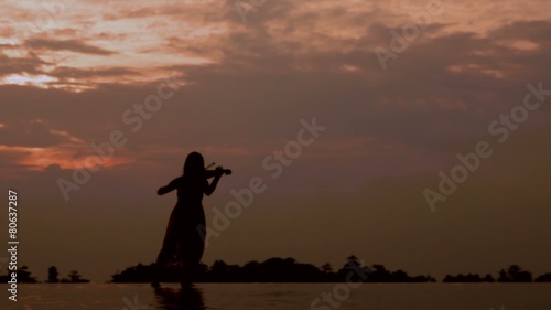 Silhouette of a Young Female Violin Player at Sunset