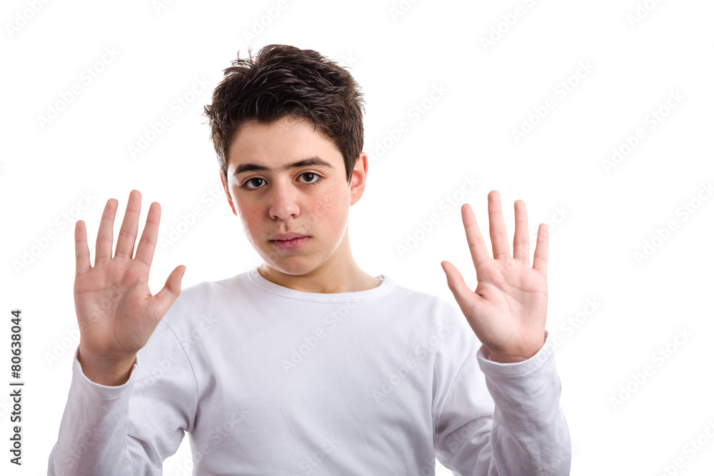 Downward hand gesture by Caucasian teen with acne skin Downward hand gesture by Caucasian teen with acne skin