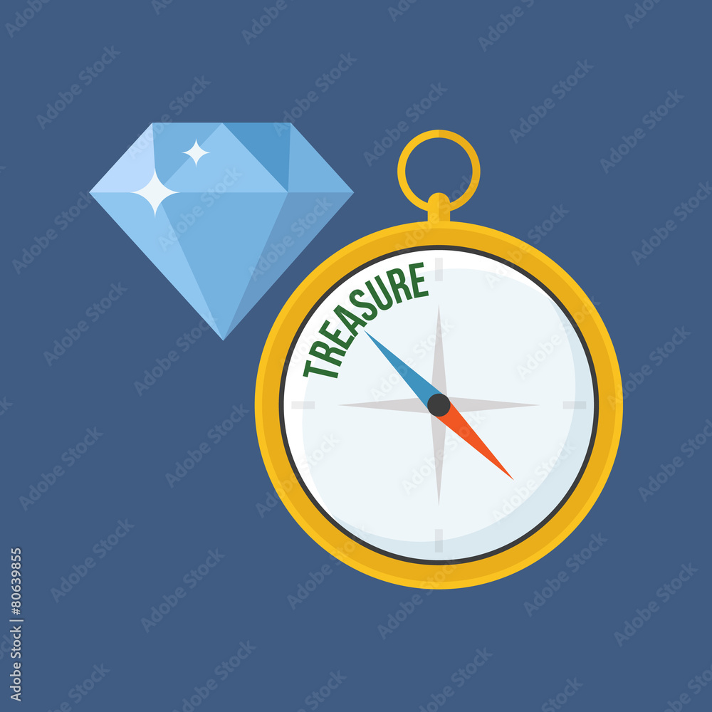 Compass points to treasure. Flat design. Compass points to treasure. Flat design.