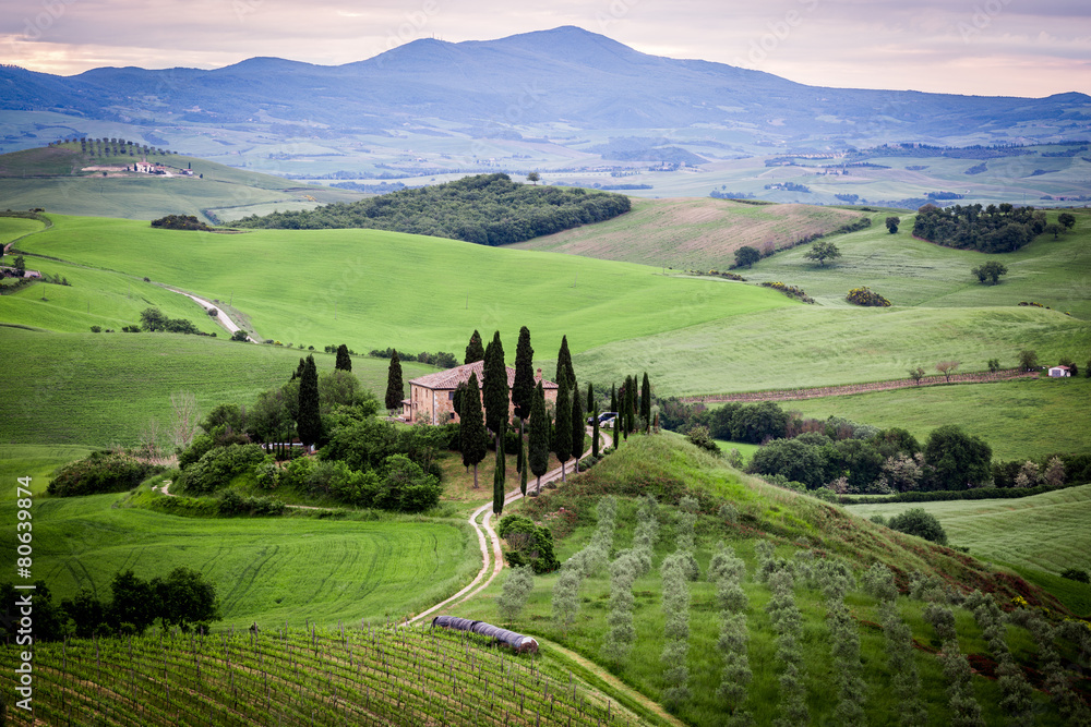 Tuscany, landscape and farmhouse in the italian hills
